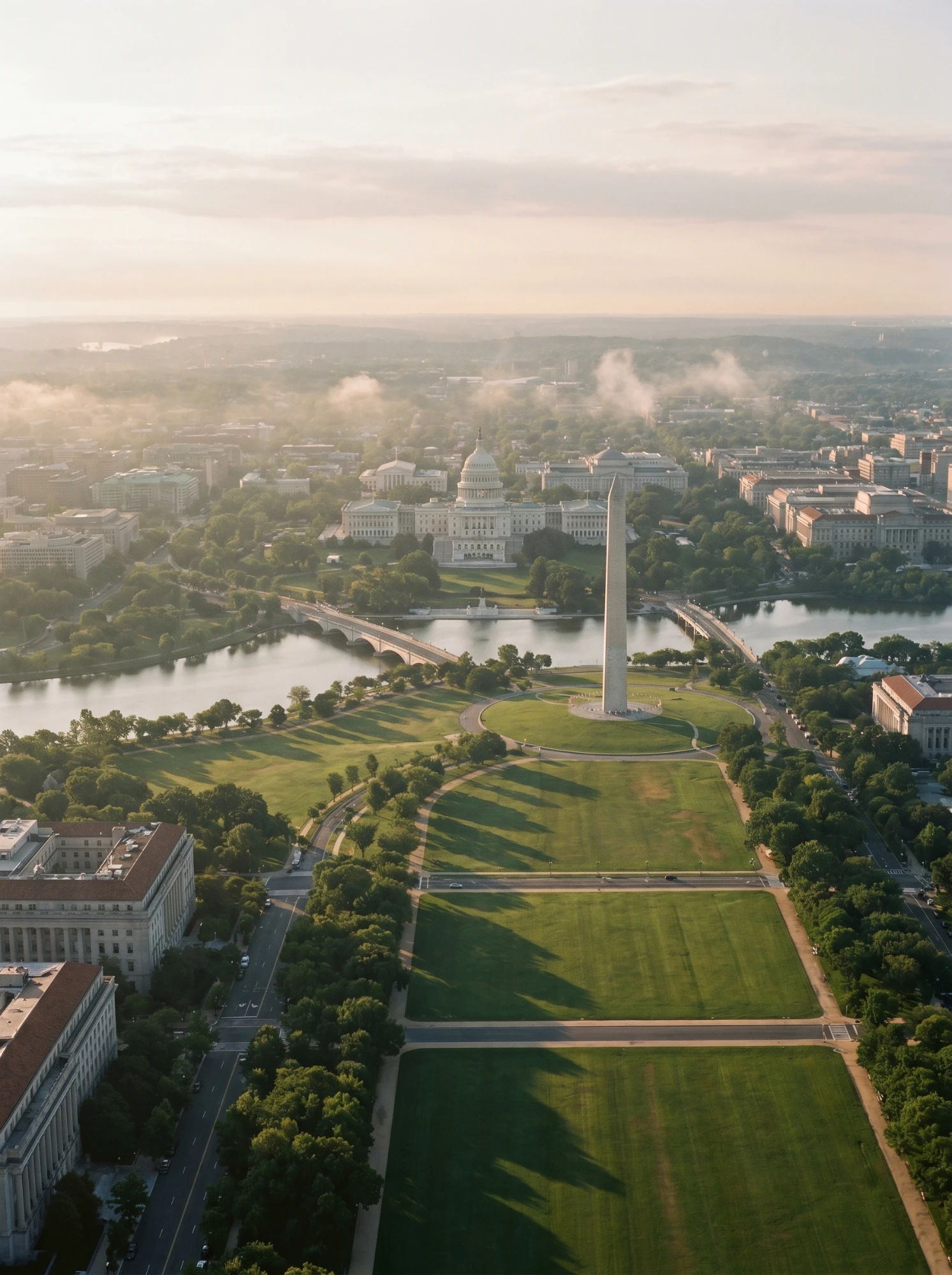 Aerial landscape of Washington D.C. — Capitol building, Washington Monument, and National Mall at golden hour