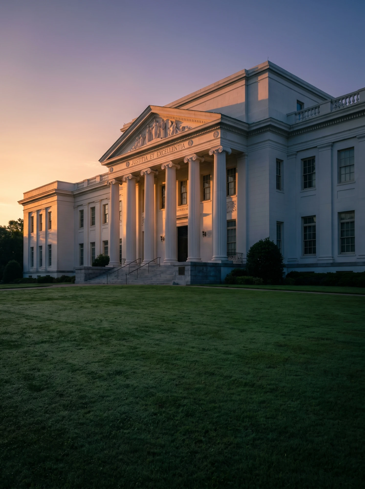 Neoclassical courthouse with Ionic columns and Justitia et Excellentia inscription at golden hour