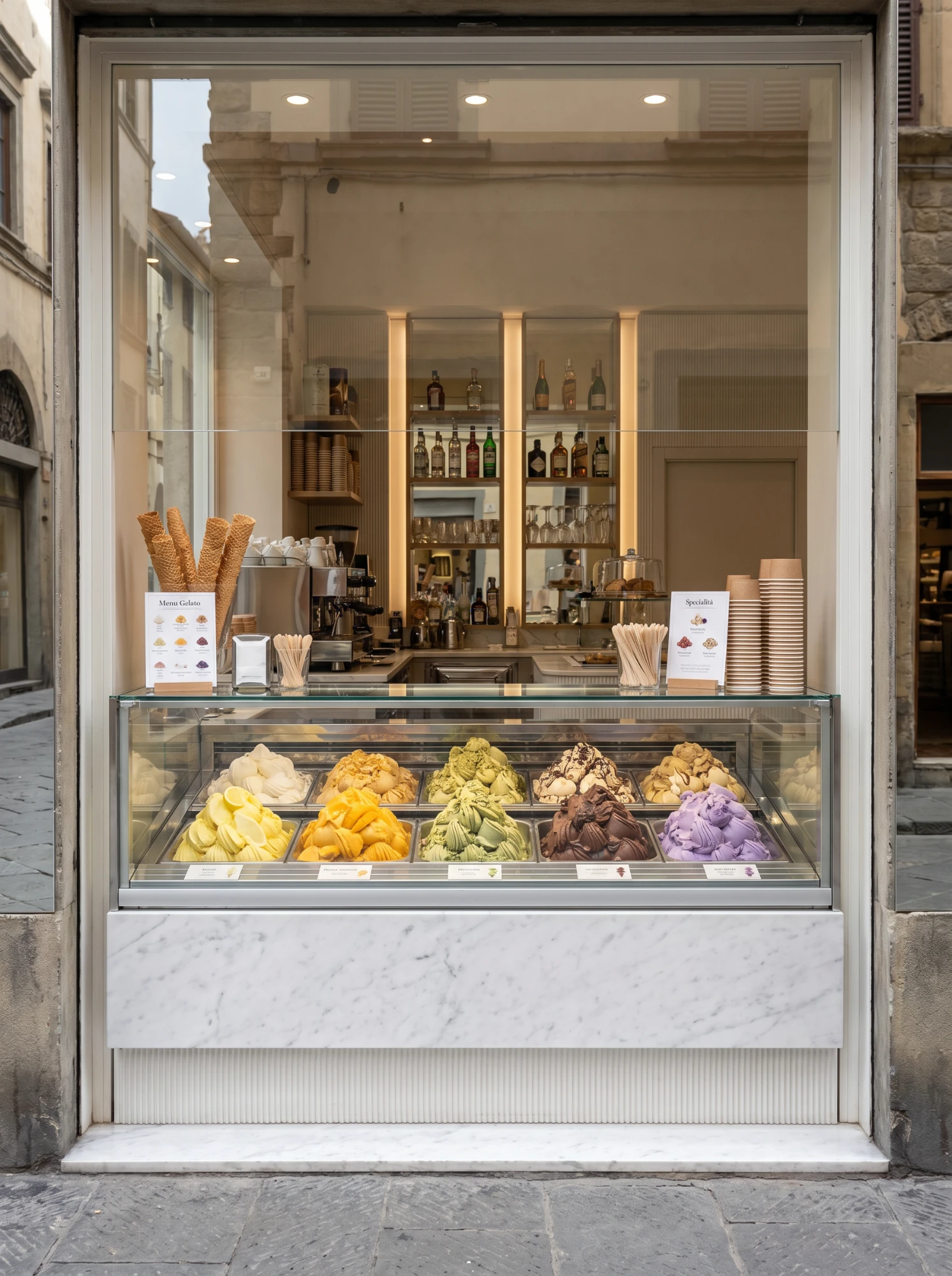 Premium Italian gelato shop storefront with marble counter and display of gelato flavors — treaty investor enterprise