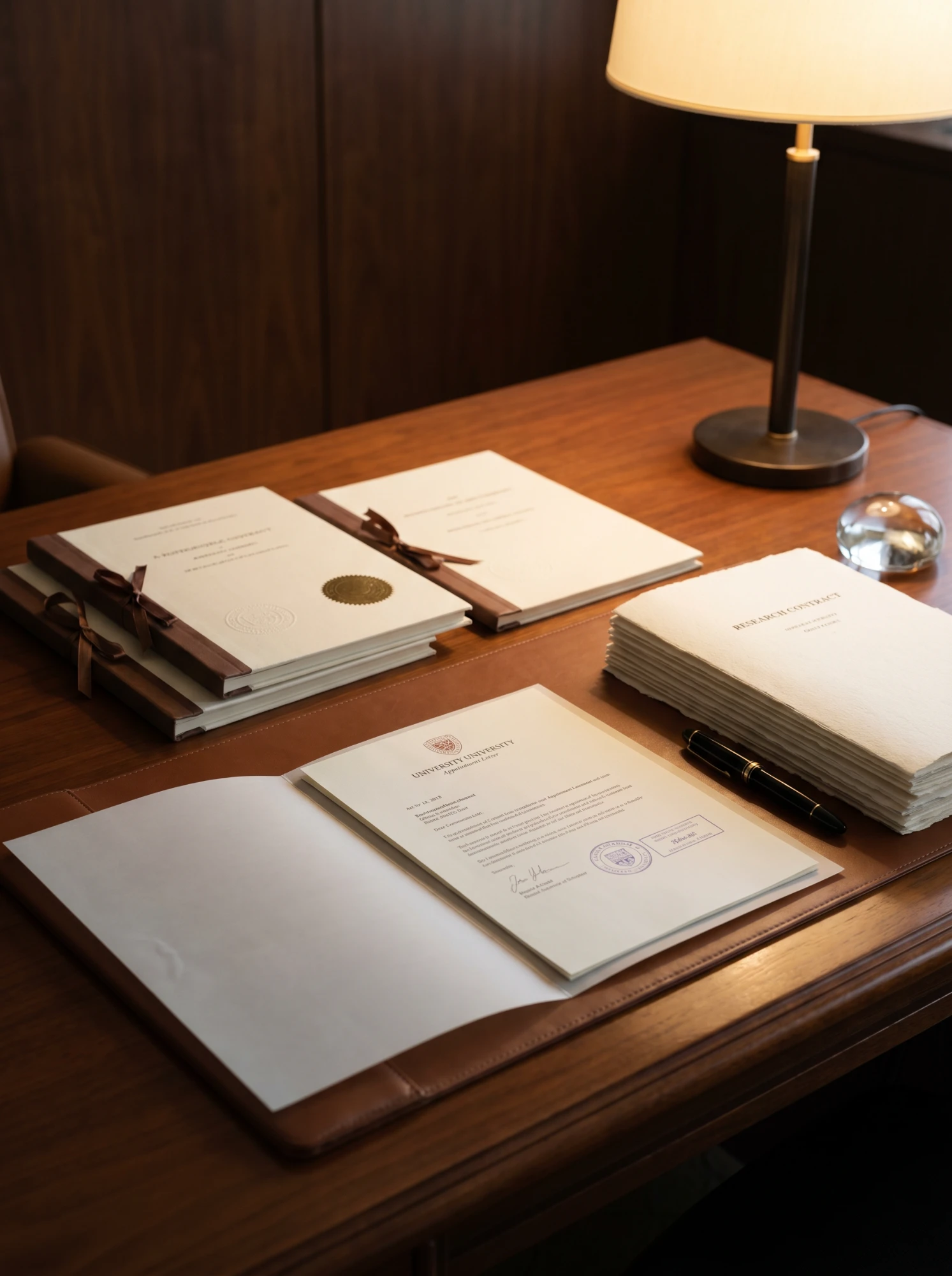 University desk with research contracts, credential files and desk lamp — academic excellence