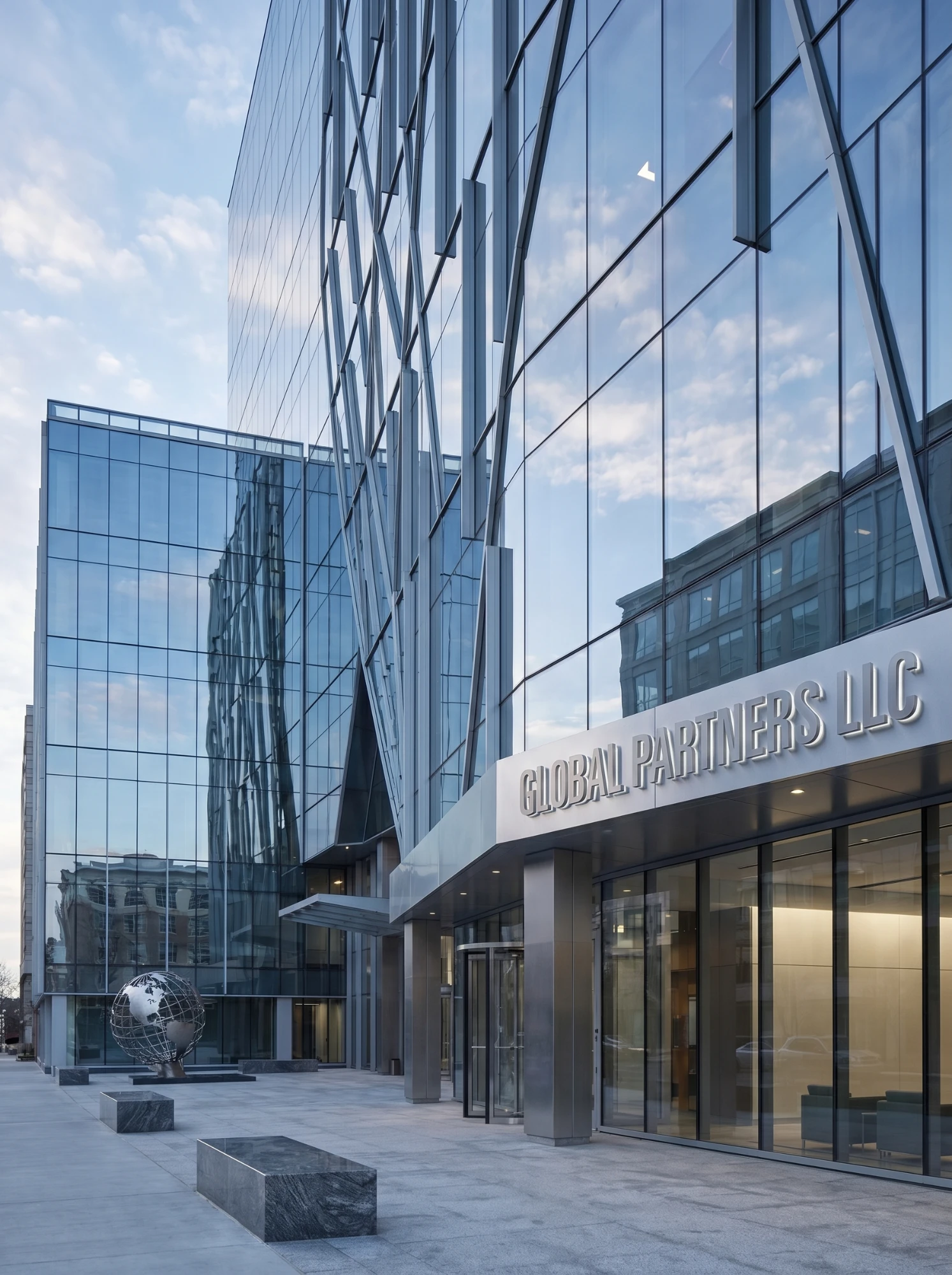 Modern corporate glass skyscraper facade — multinational executives and global partners