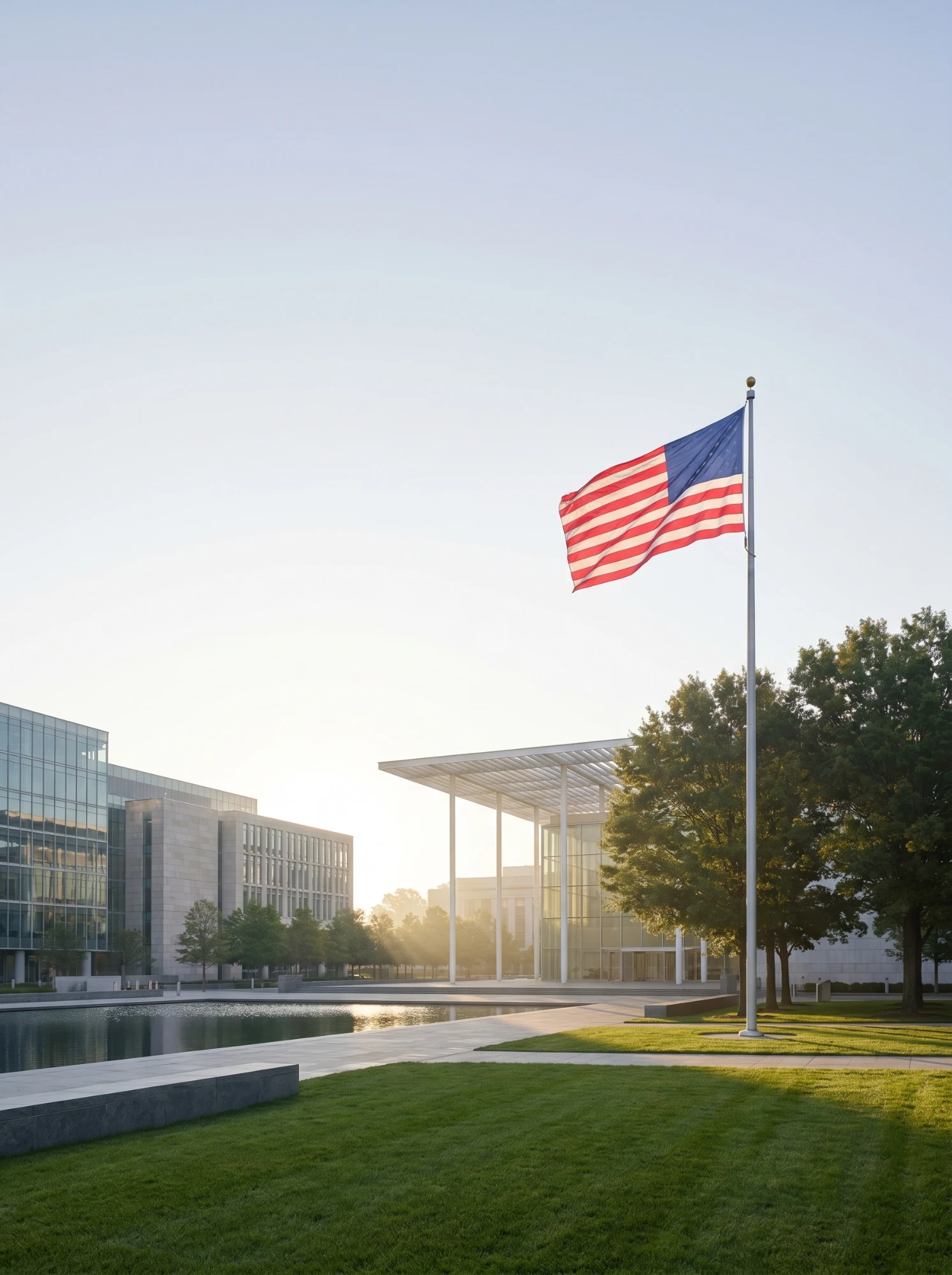 American flag over federal court plaza at sunrise — national interest and public benefit