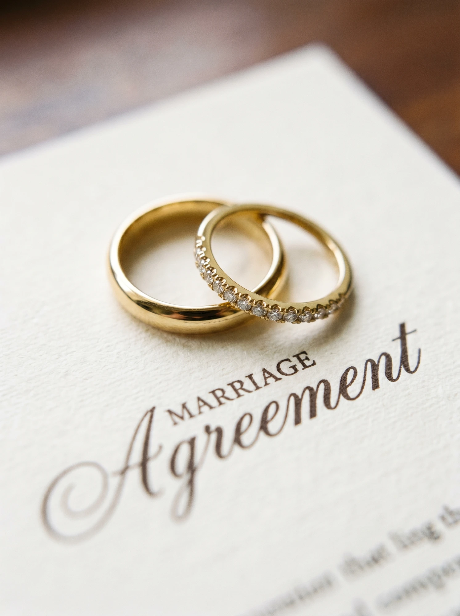 Extreme close-up of interlocking gold wedding rings resting on a linen Marriage Agreement document — Family-Based Immigration