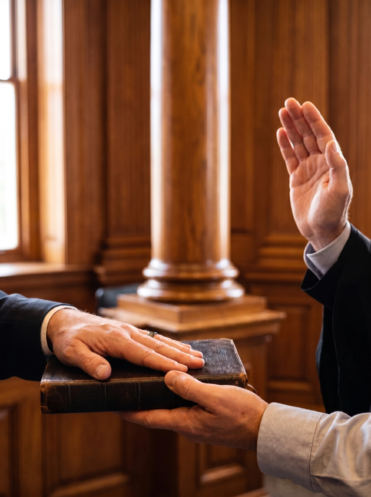 Applicant taking the oath with a raised hand and a hand on a book in a wood-paneled courtroom — naturalization