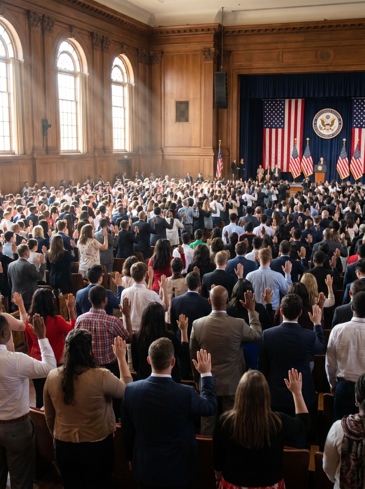Large audience of new citizens raising their right hands to take the oath of allegiance at a naturalization ceremony with U.S. flags on stage